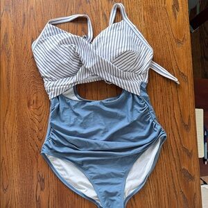 Amazon Women's Blue and White Striped One Piece Swimsuit